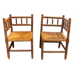 1950s Pair of Antique Turned Wood Chairs with Rush Seat