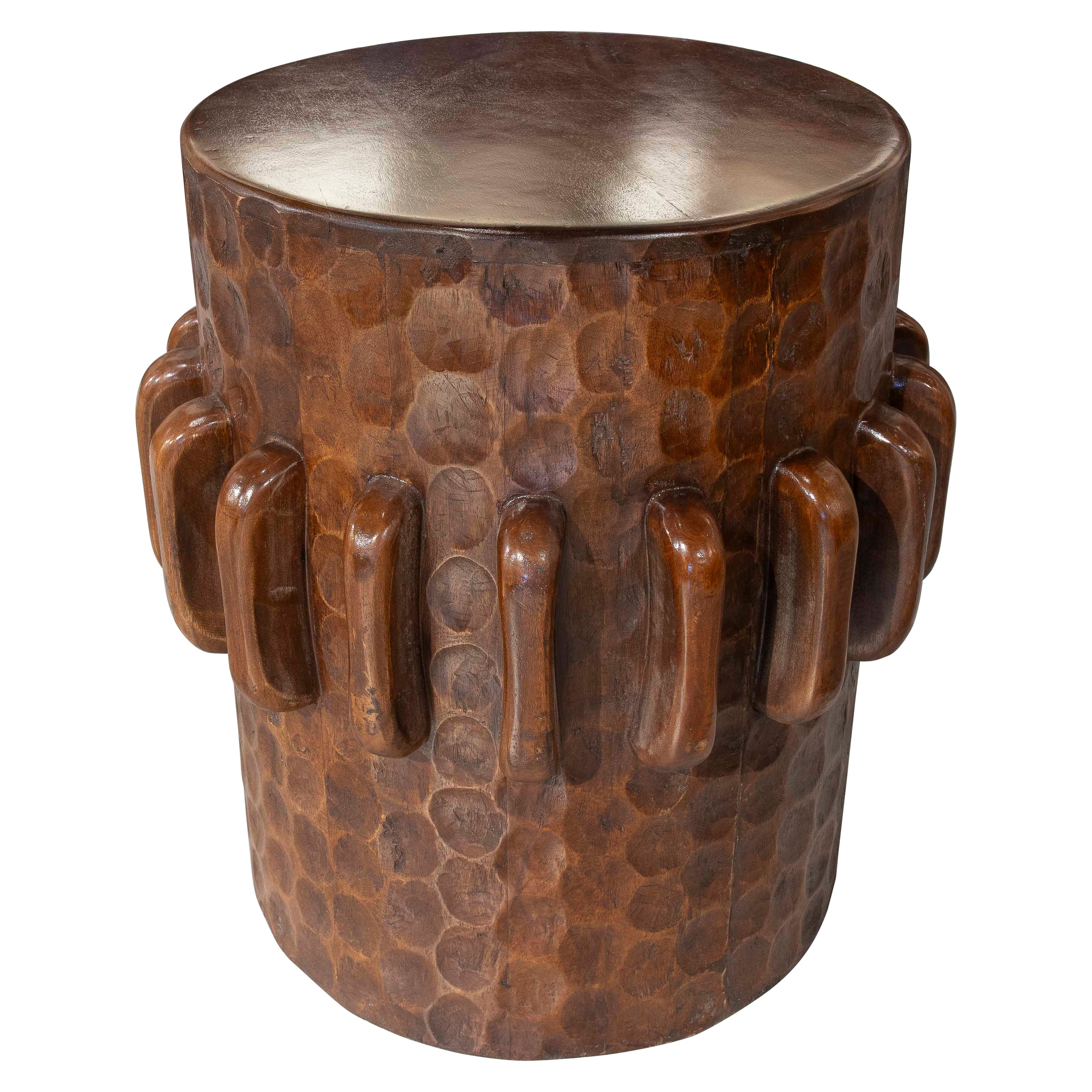 1990s Carved Wooden Stool with Ethnic Design