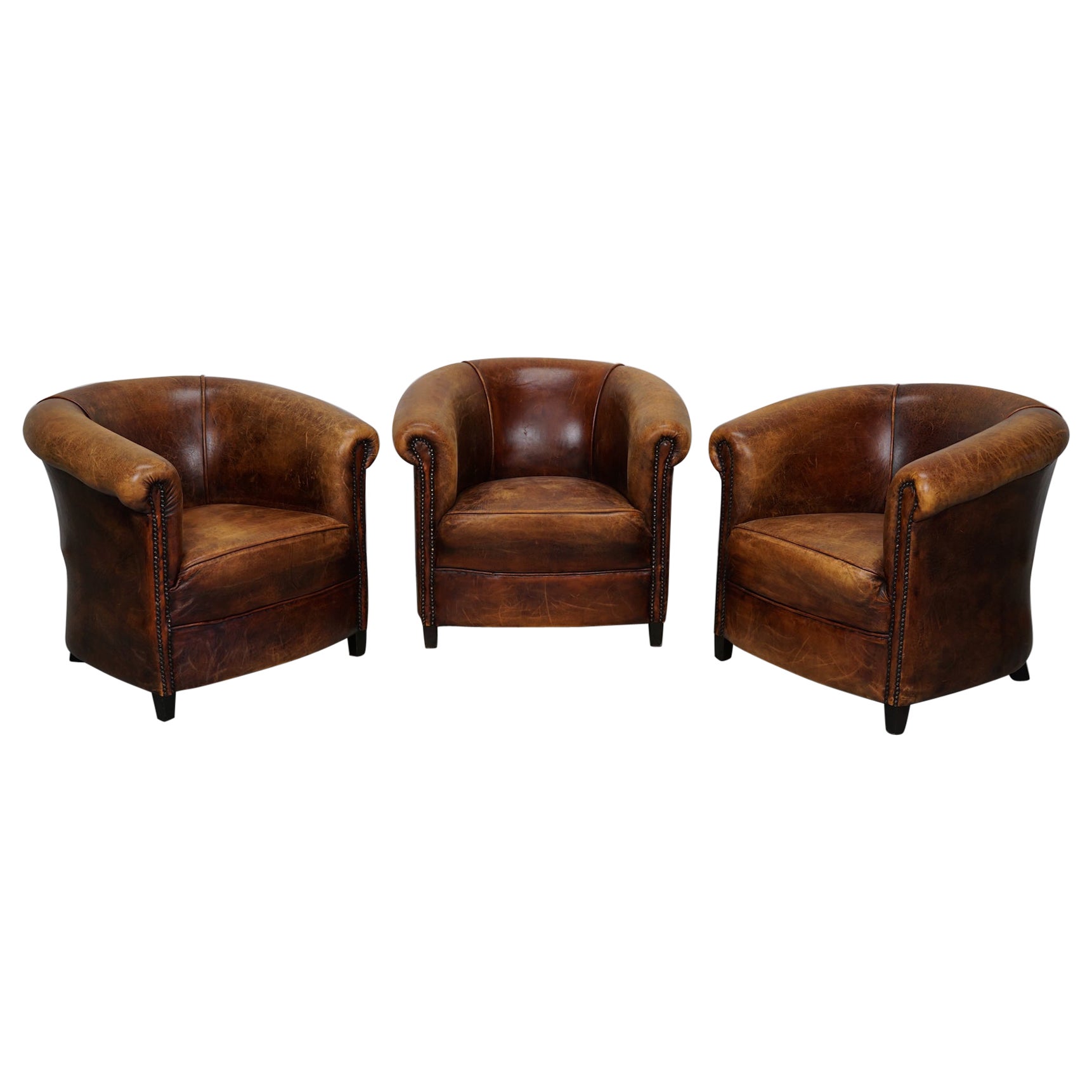 Vintage Dutch Cognac Leather Club Chairs, Set of Three