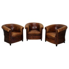 Vintage Dutch Cognac Leather Club Chairs, Set of Three