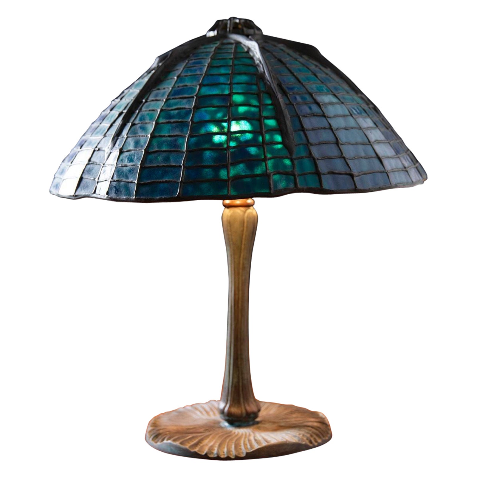 Tiffany Studios Attr Spider Web Lamp in Patinated Bronze with Blue Stained Glass For Sale