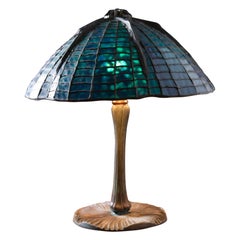 Antique Tiffany Studios Attr Spider Web Lamp in Patinated Bronze with Blue Stained Glass