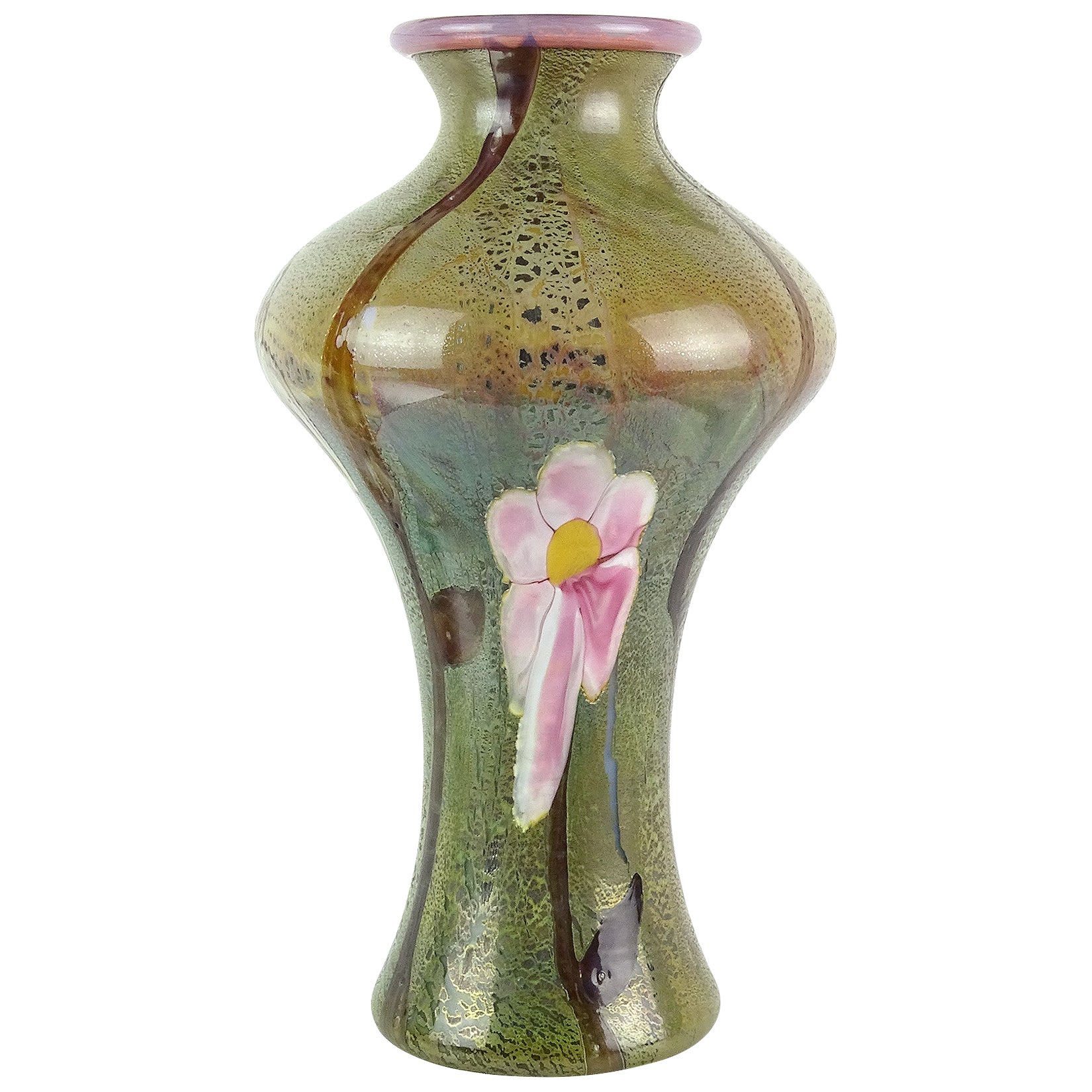 Große Vase aus italienischem Kunstglas in Grün, Rosa, opalisierende Chalcedonblume, Tafelaufsatz