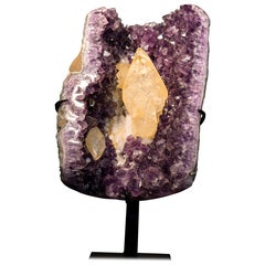 Rare 8-Inch Scalenohedral Golden Calcite on Purple Amethyst