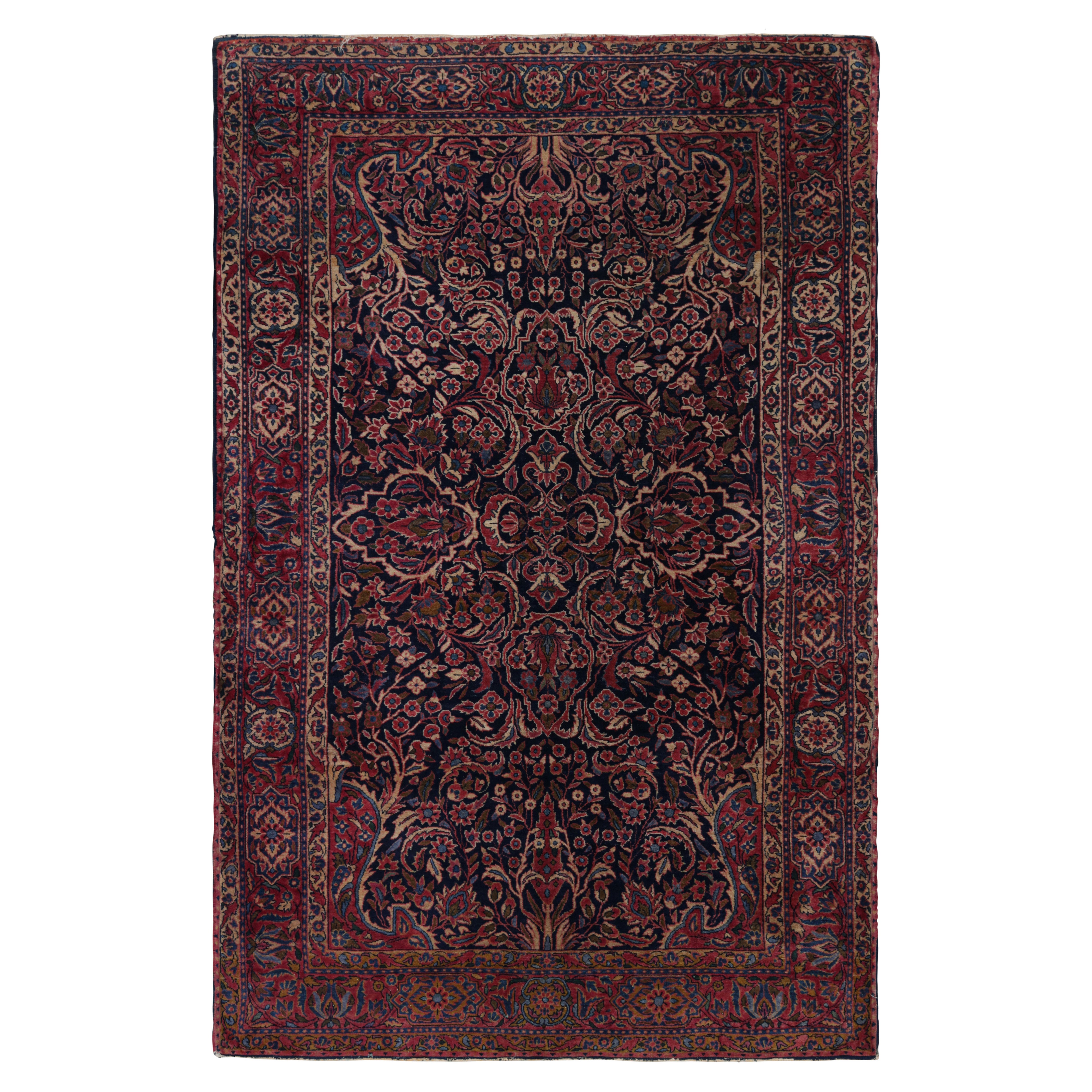 Antique Kashan Persian Rug in Red and Blue with Floral Patterns - Rug & Kilim