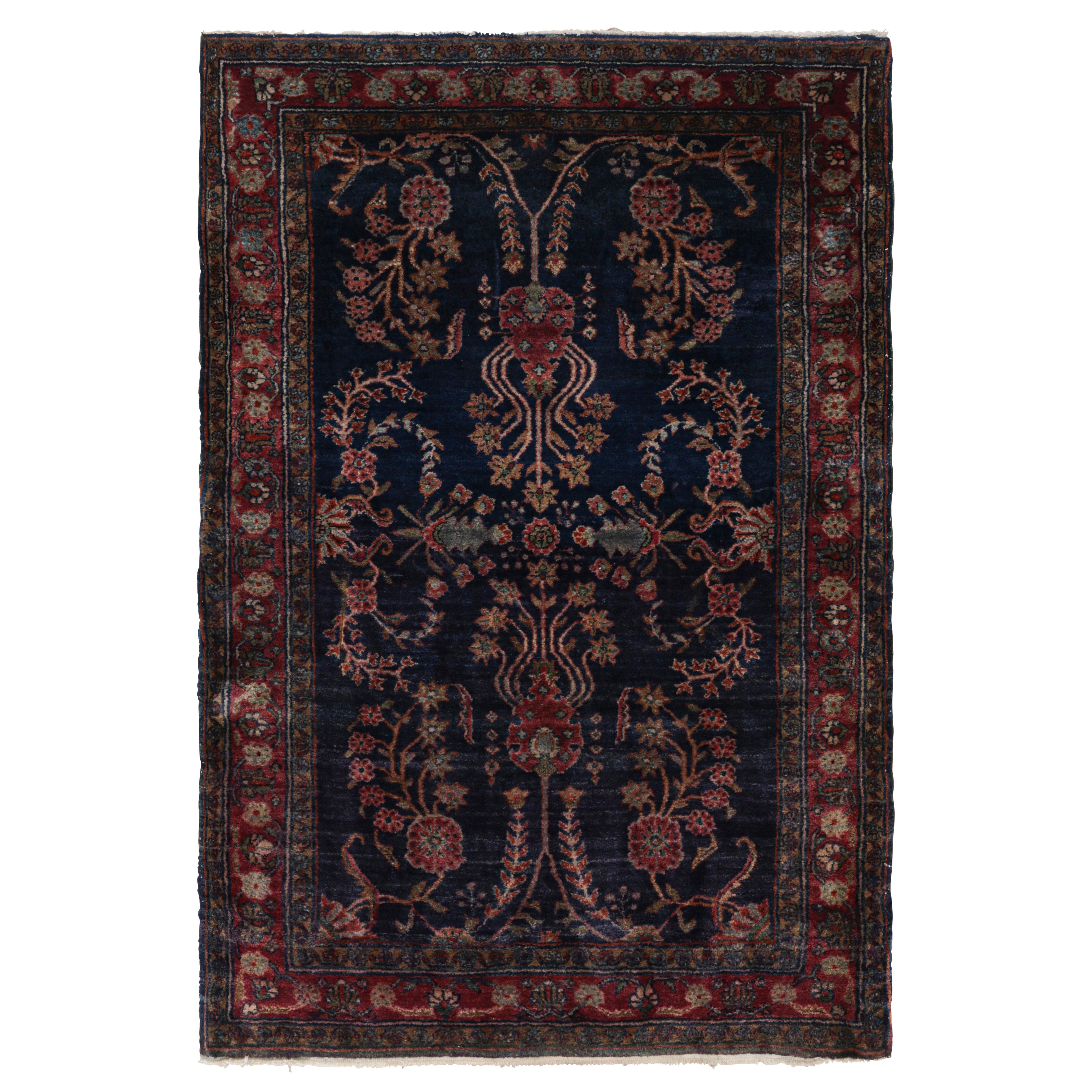 Antique Persian Sarouk Farahan Rug In Blue With Floral Patterns - Rug & Kilim