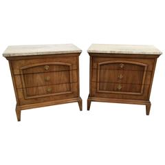 Pair of Walnut Nightstands with Travertine Top