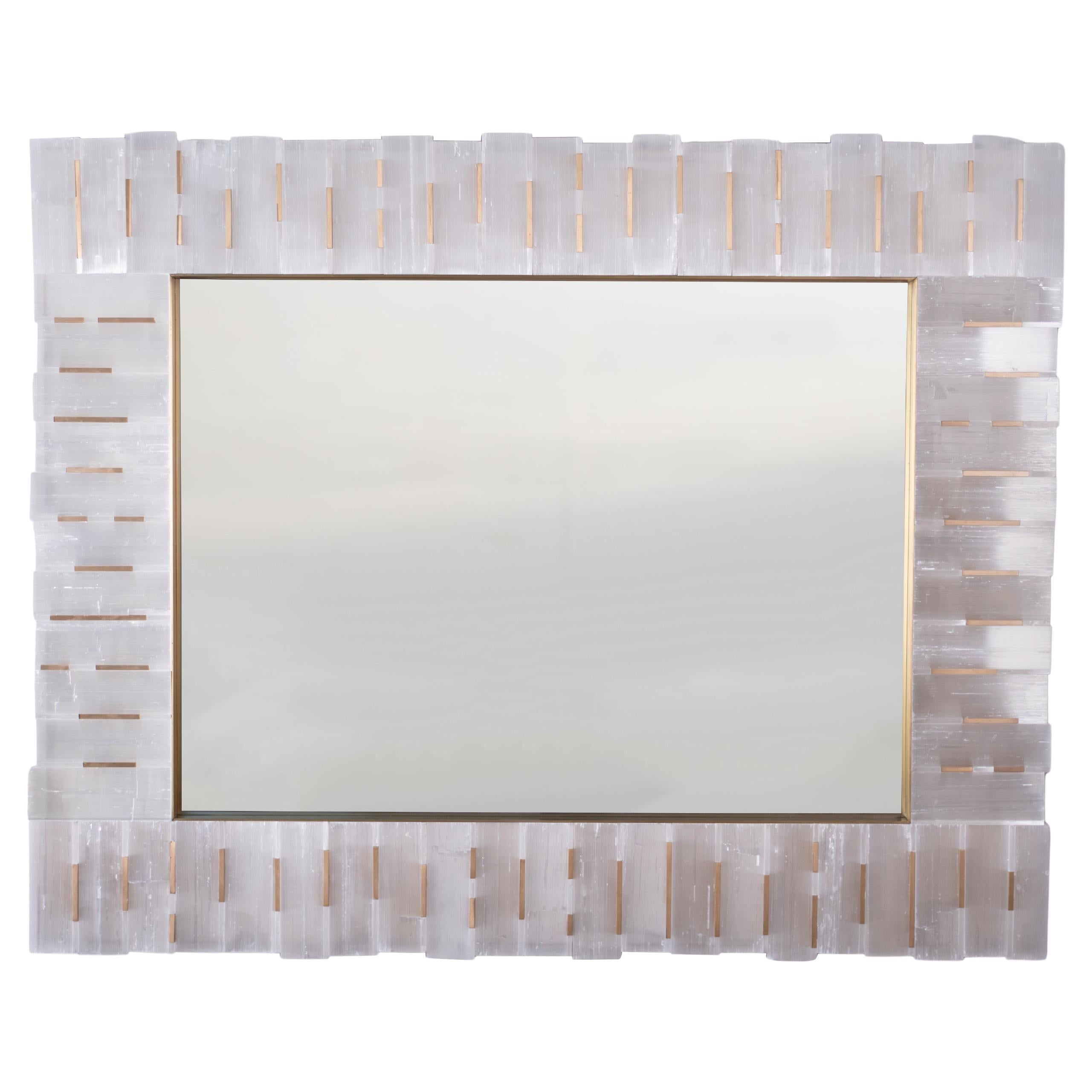 Rectangular  42" Selenite Mirror with Brass inlays, Modern Luna Mirror For Sale