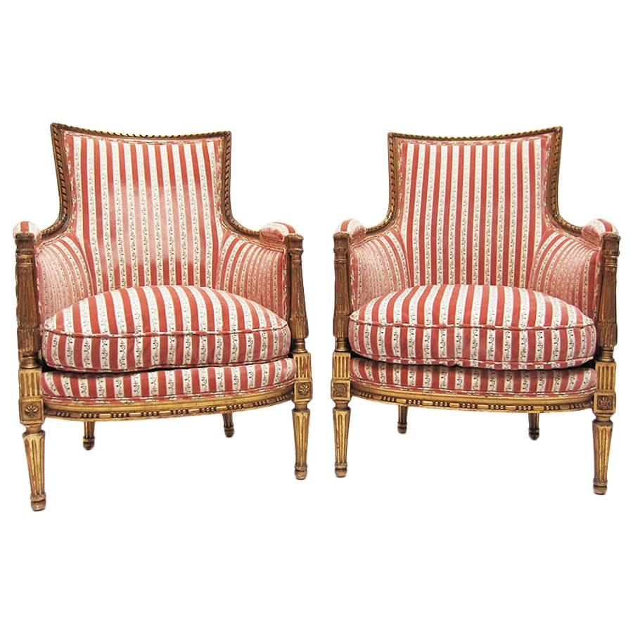 Fine Pair of French 19th-20th Century Louis XVI Style Giltwood Carved Bergères