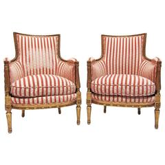 Pair of French 19th-20th Century Louis XVI Style Giltwood Carved Bergères 2