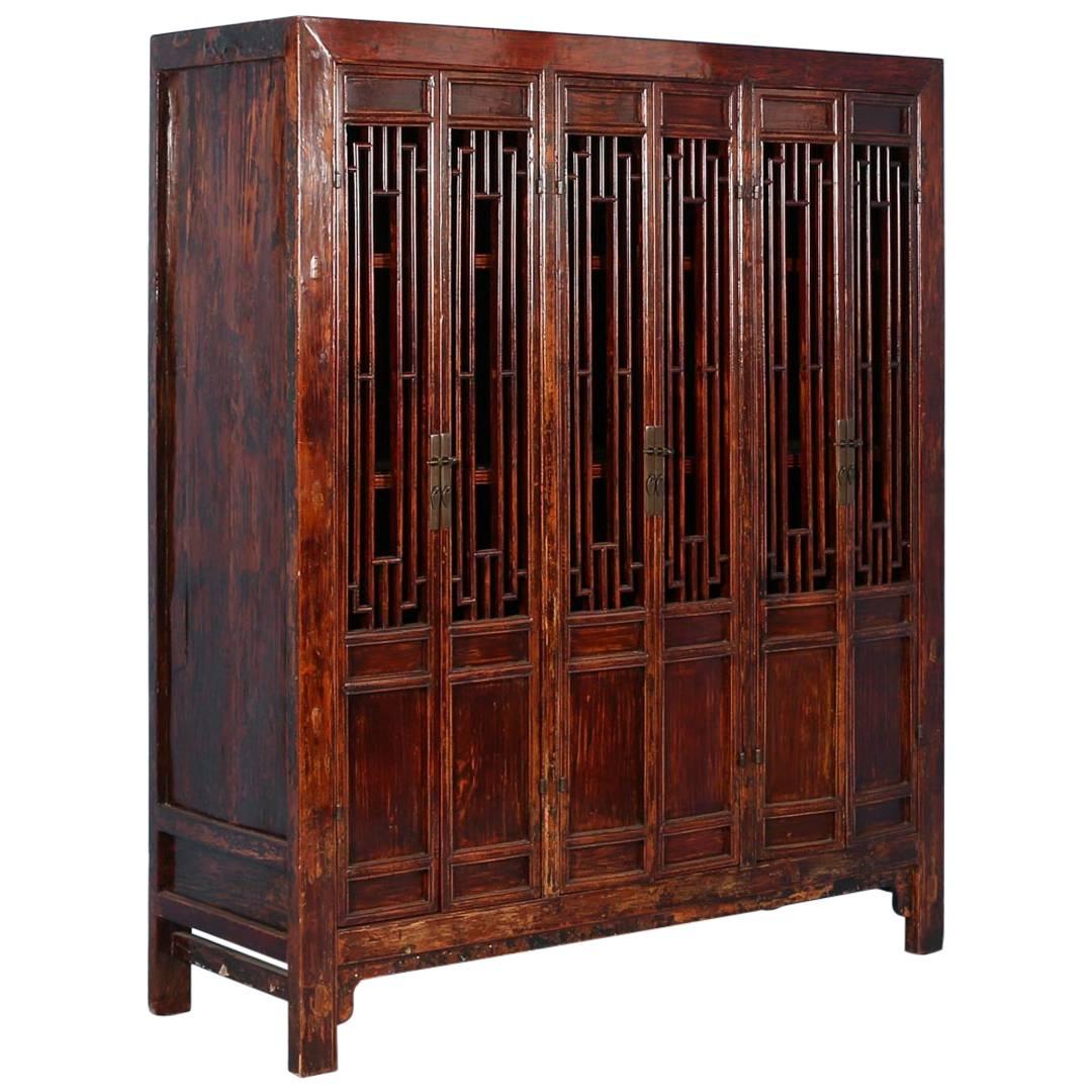 Antique Red Lacquered Six-Door Bookcase Cabinet from China, circa 1840-1860