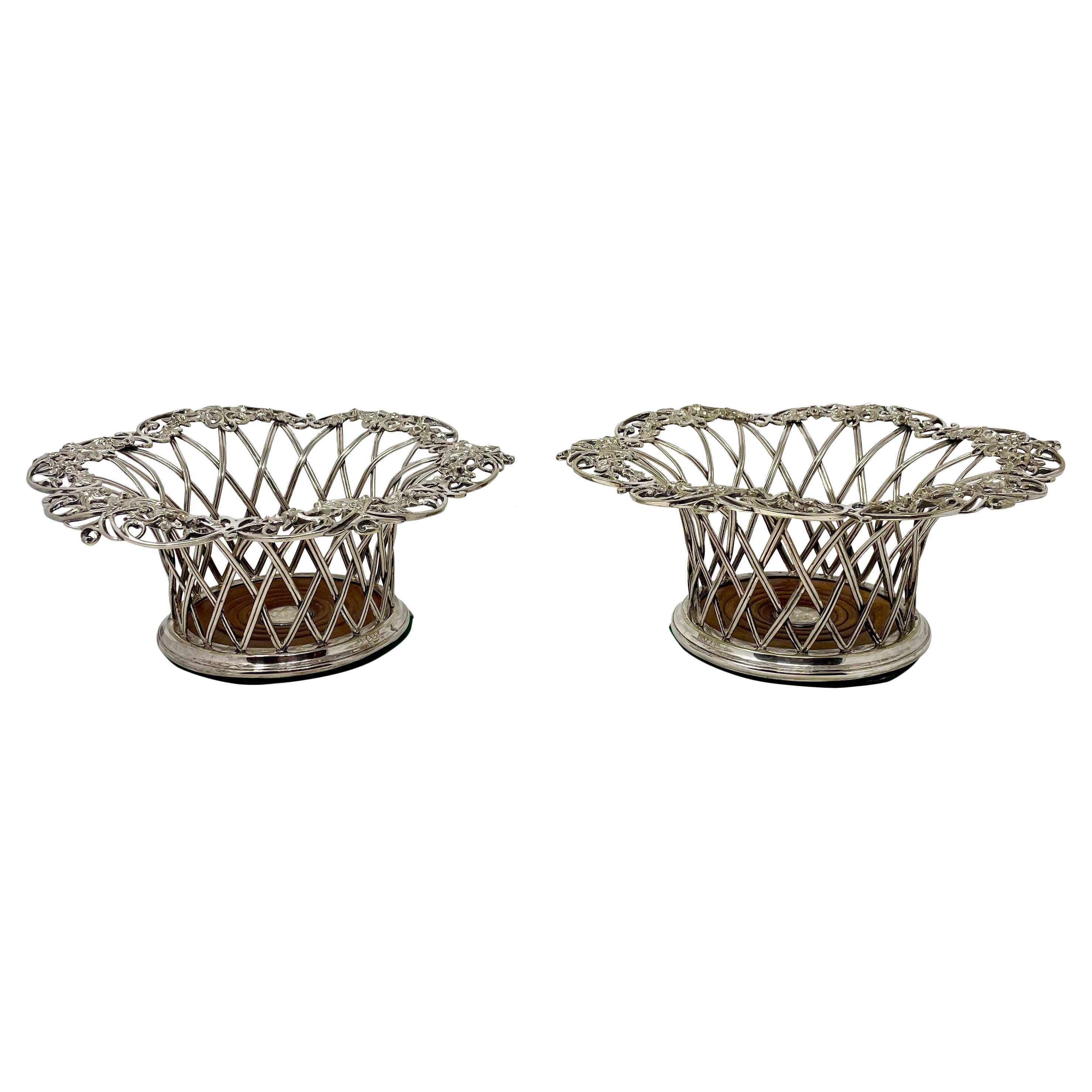 Pair Antique English Elkington Sterling Silver Openwork Wine Coasters Circa 1880
