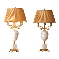 Pair of Marble, Mother-of-Pearl Veneered, and Gilt Bronze Six-Light Candelabra