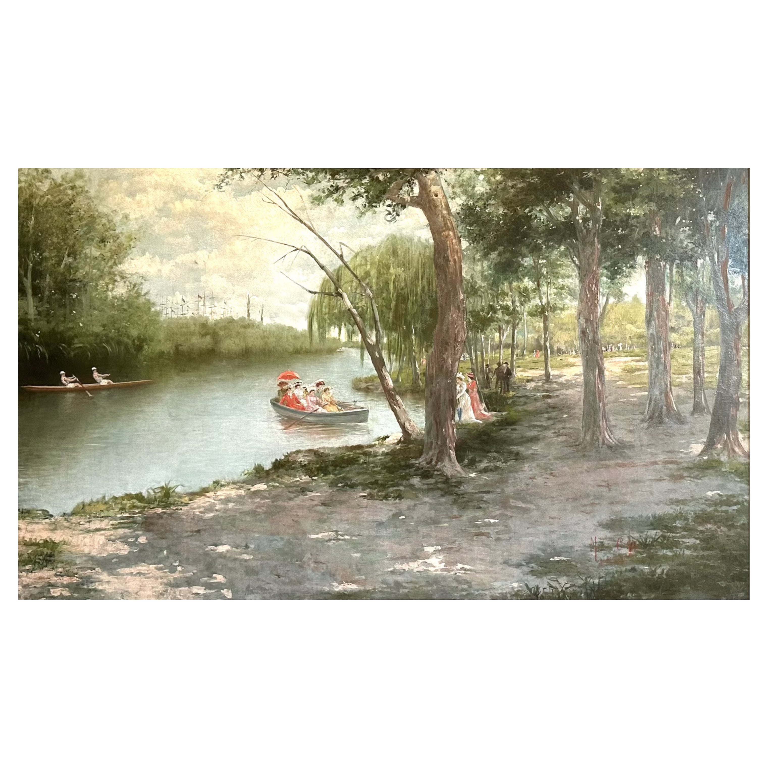 Pittura: Mc (?), Barca, Pomeriggio di svago nel parco, olio/tela