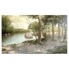 Pittura: Mc (?), Barca, Pomeriggio di svago nel parco, olio/tela