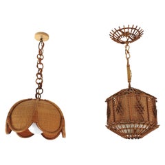Rattan & Wicker Wire Pendant Hanging Lights / Chandeliers, Set of Two