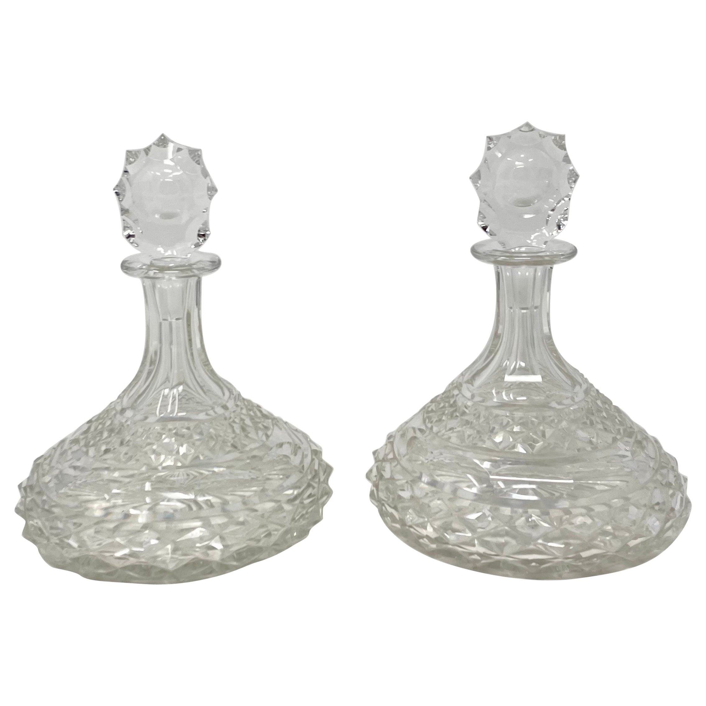 Pair Antique English Cut Crystal Wine Decanters, Circa 1940.