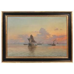 Large Oil on Canvas Ships in Harbor Entrance at Sunset, Signed Wilhelm Lange