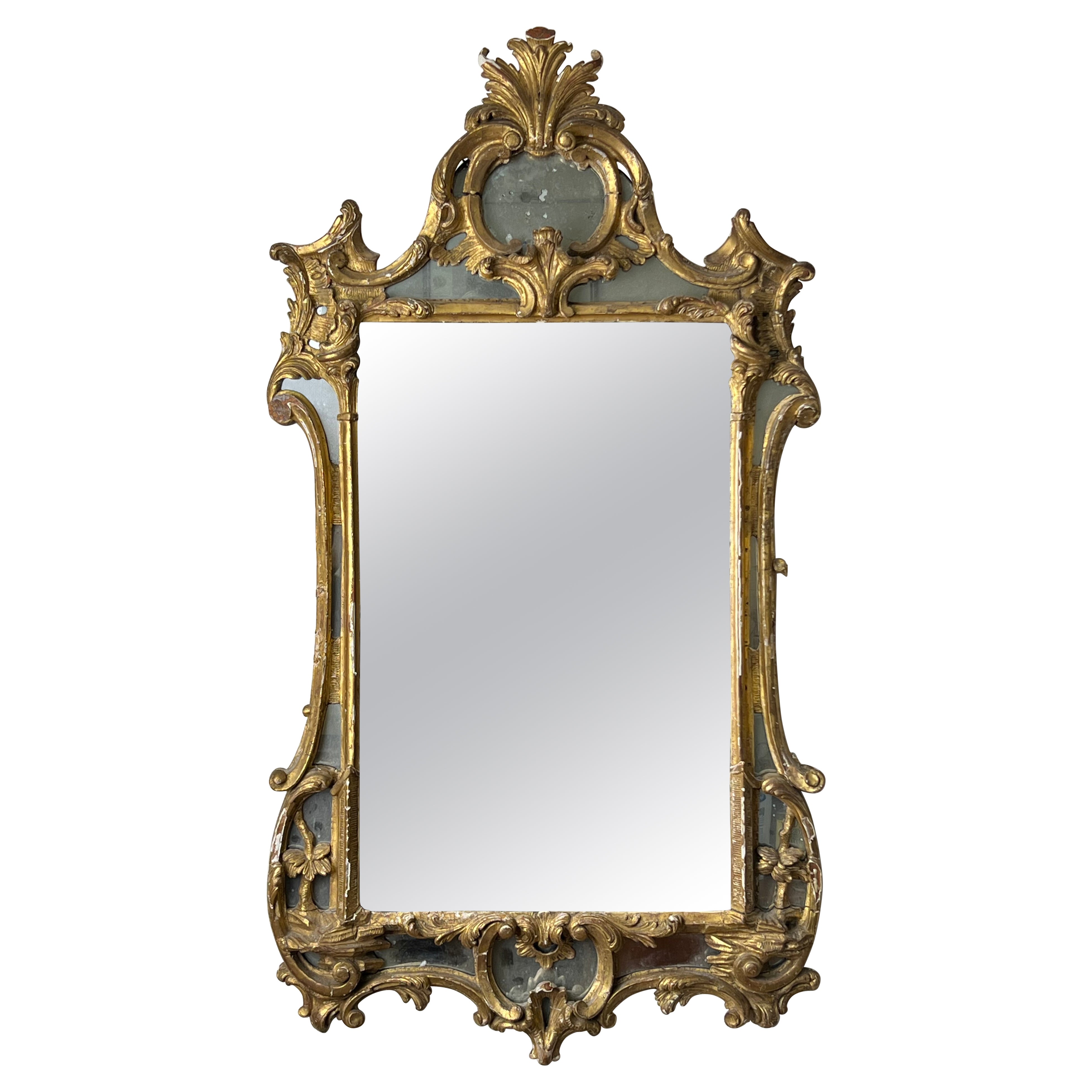 Antique Late 18th Century Italian Baroque Gilt Gesso Wall Mirror with Mirrored O