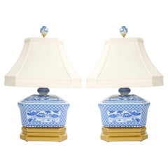 20th Century White/Blue Porcelain Gilt Gold Painted Wood Base Small Table Lamp.