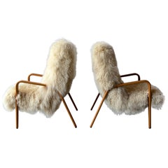 Mid Century Thonet Armchairs with Sheepskin Upholstery, a Pair