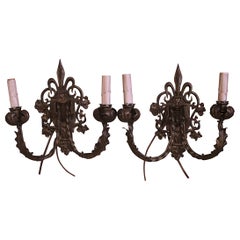 Pair of Mid-Century French Metal Two-Light Wall Sconces with Fleur-de-Lys Motif