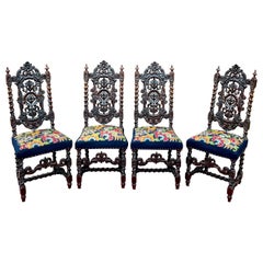 Antique French Dining Chairs SET OF 4 Needlepoint Barley Twist Navy Walnut 19C