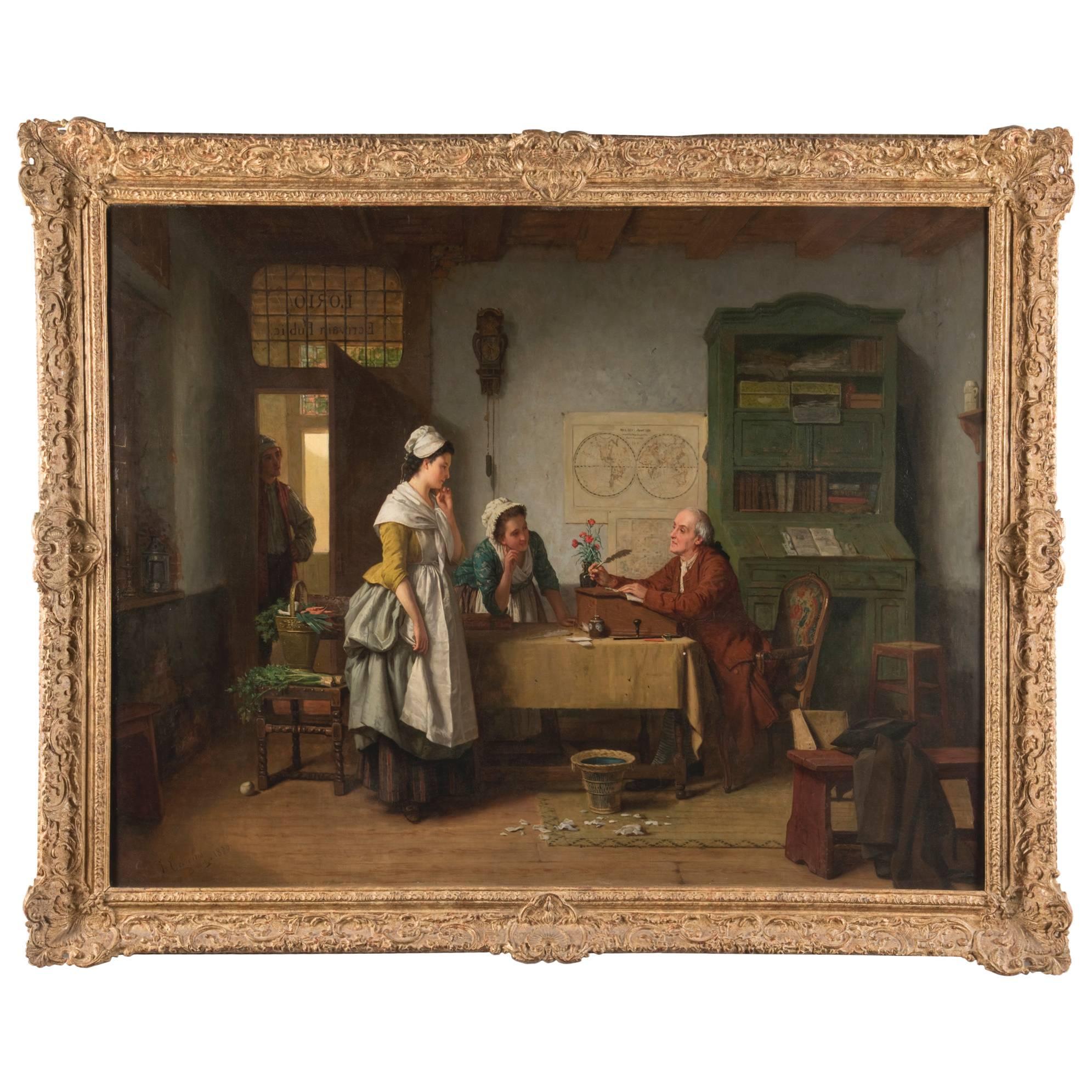 19th Century Belgian Painting Titled "L'Écrivain Public" by Jean Carolus