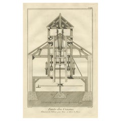 Antique Eighteenth-Century Engraving of a Cannon-Boring Machine from Fonte des Canons
