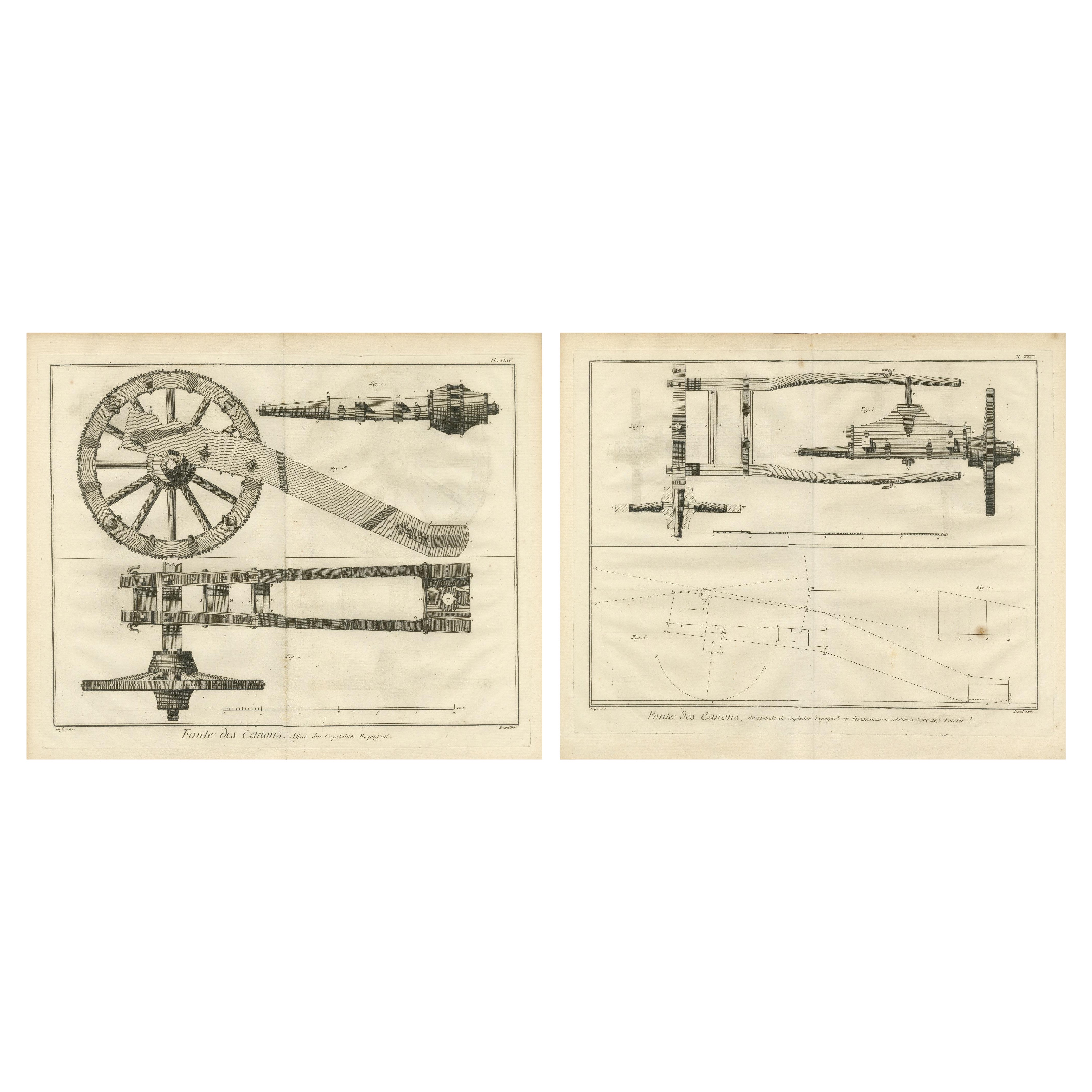 Gravure d'artillerie du XVIIIe siècle représentant le chariot et le mécanisme du capitaine espagnol