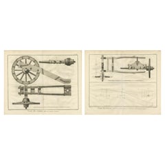 Antique 18th-Century Artillery Engraving of the Spanish Captain's Carriage and Mechanism