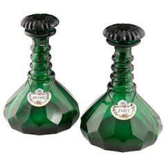 Pair of Green Victorian Decanters with Labels c1850