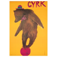Affiche polonaise B1 d'un cirque, Cyrk Bear on Ball 1963, Maciej Urbaniec
