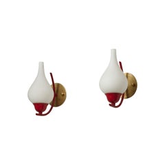 Mid-Century Modern Italian Wall Sconces, Red Lacquered Brass with Opaline Glass