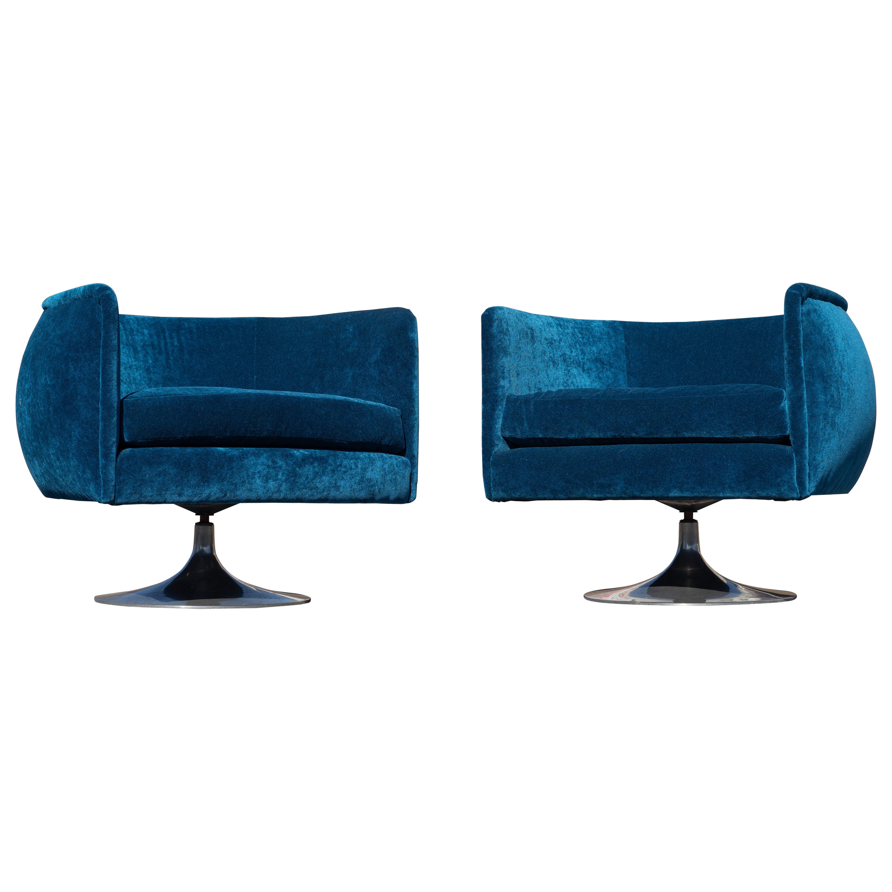 Pair Adrian Pearsall Barrel Form Swivel Chairs New Blue Silk Blend & Tulip Bases