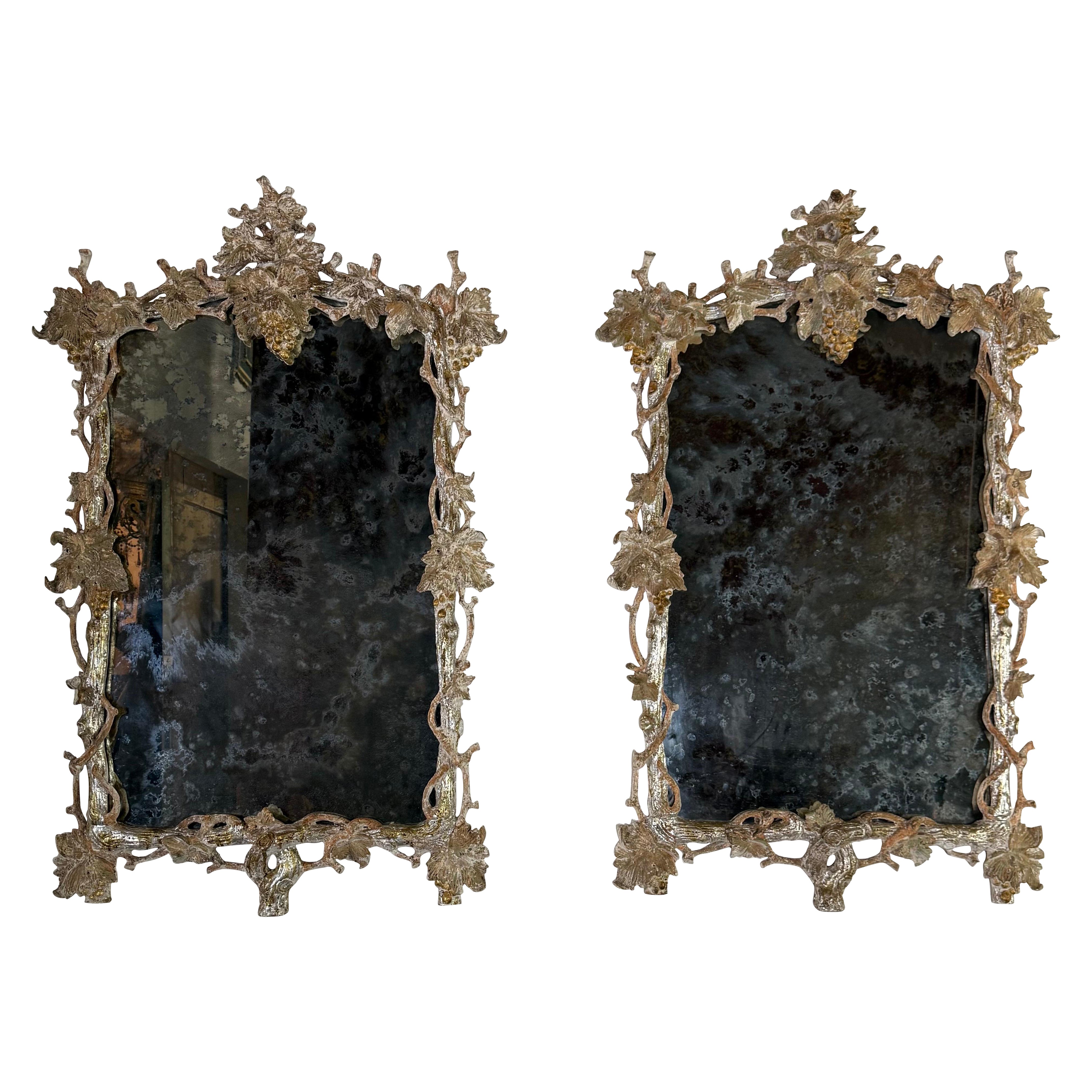 Pair of Monumental Silvered Carved Vine Mirrors For Sale