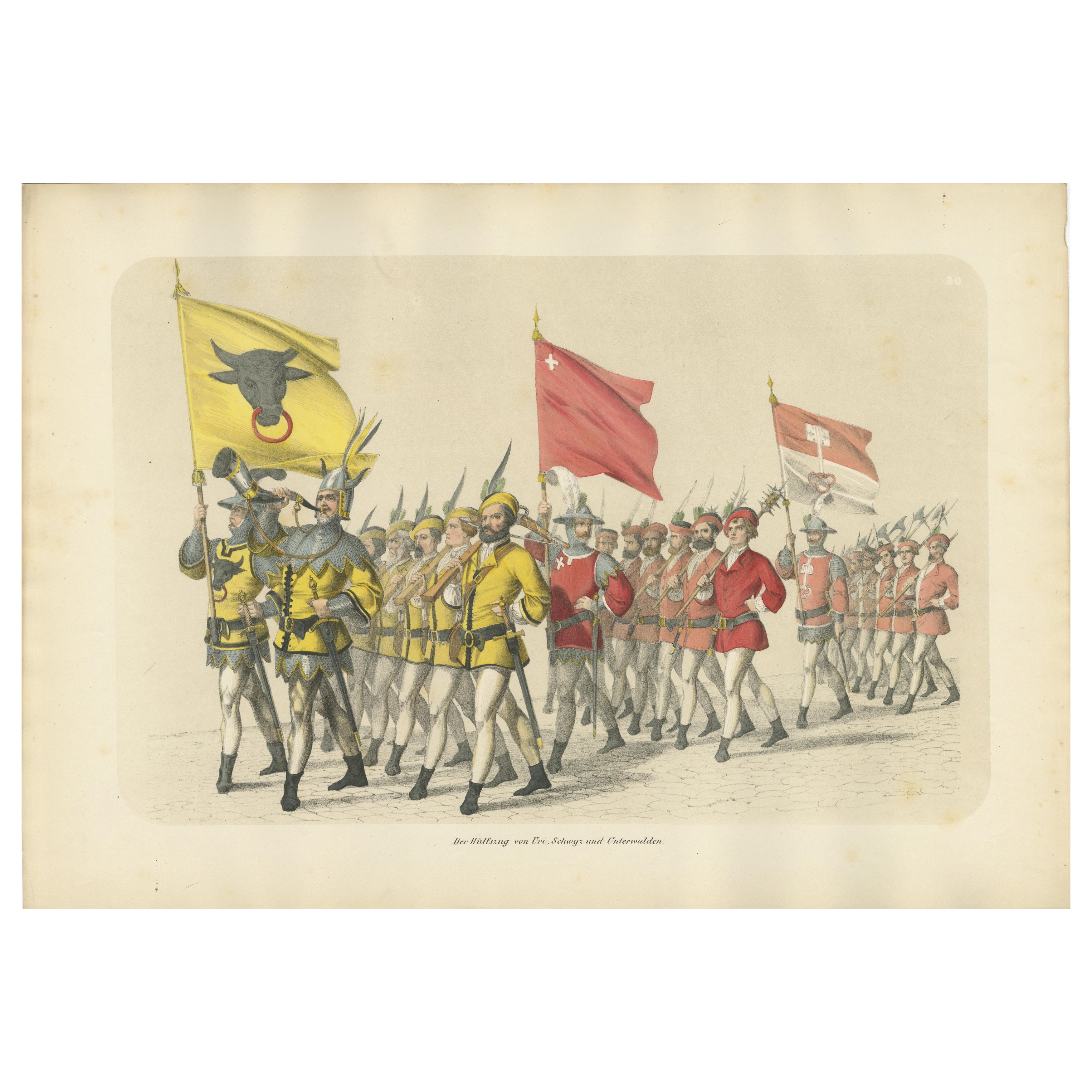 1855 Hand-Colored Lithograph of Swiss Cantonal Troops – Uri, Schwyz, Unterwalden