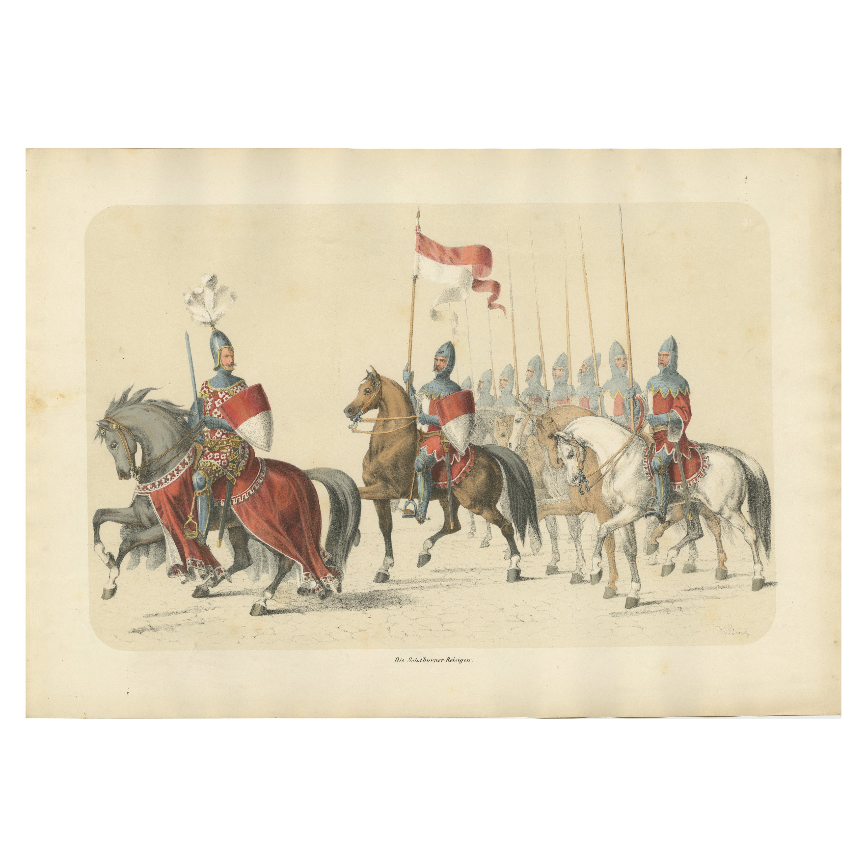 1855 Hand-Colored Lithograph of Solothurn Cavalry – Festive Swiss Confederation