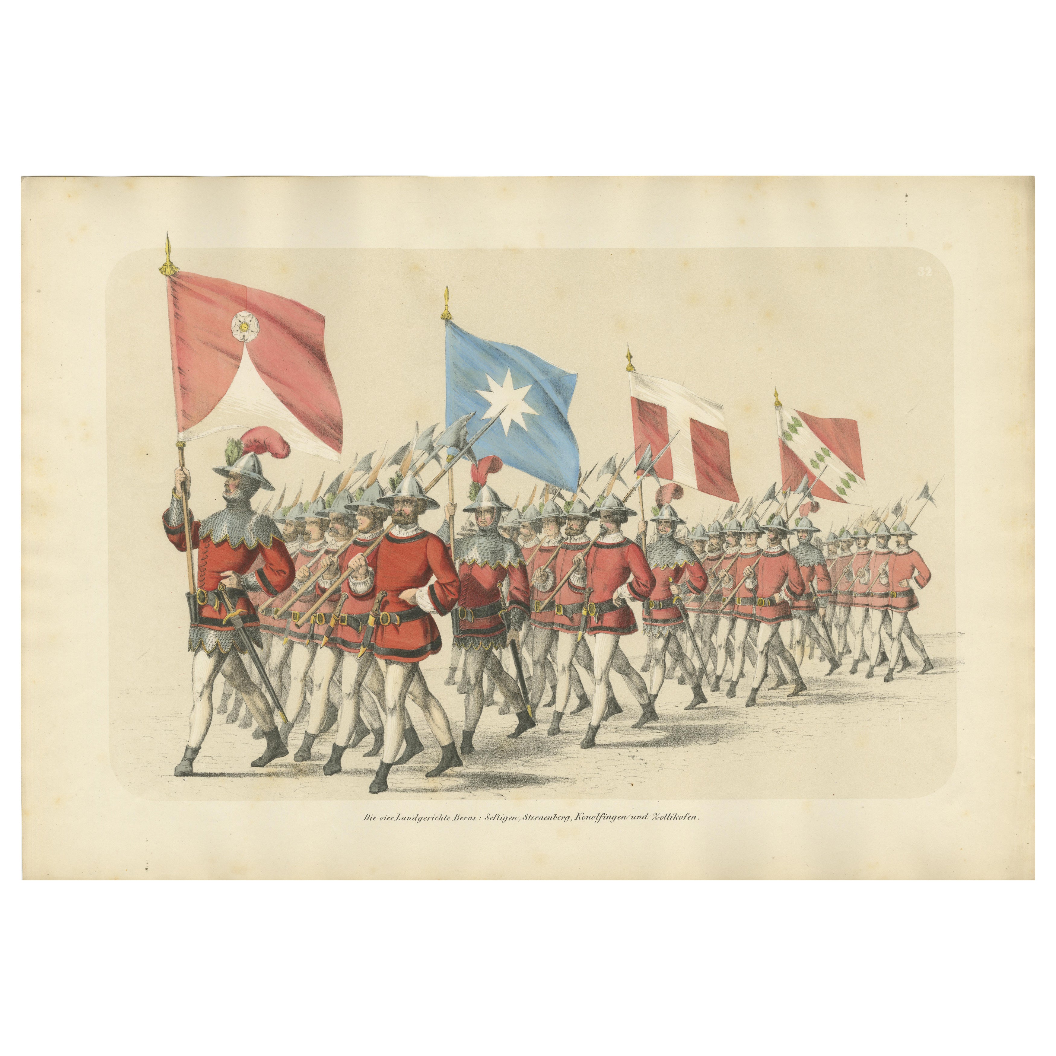 1855 Hand-Colored Lithograph of Bern’s Four Judicial Districts – A Swiss Parade