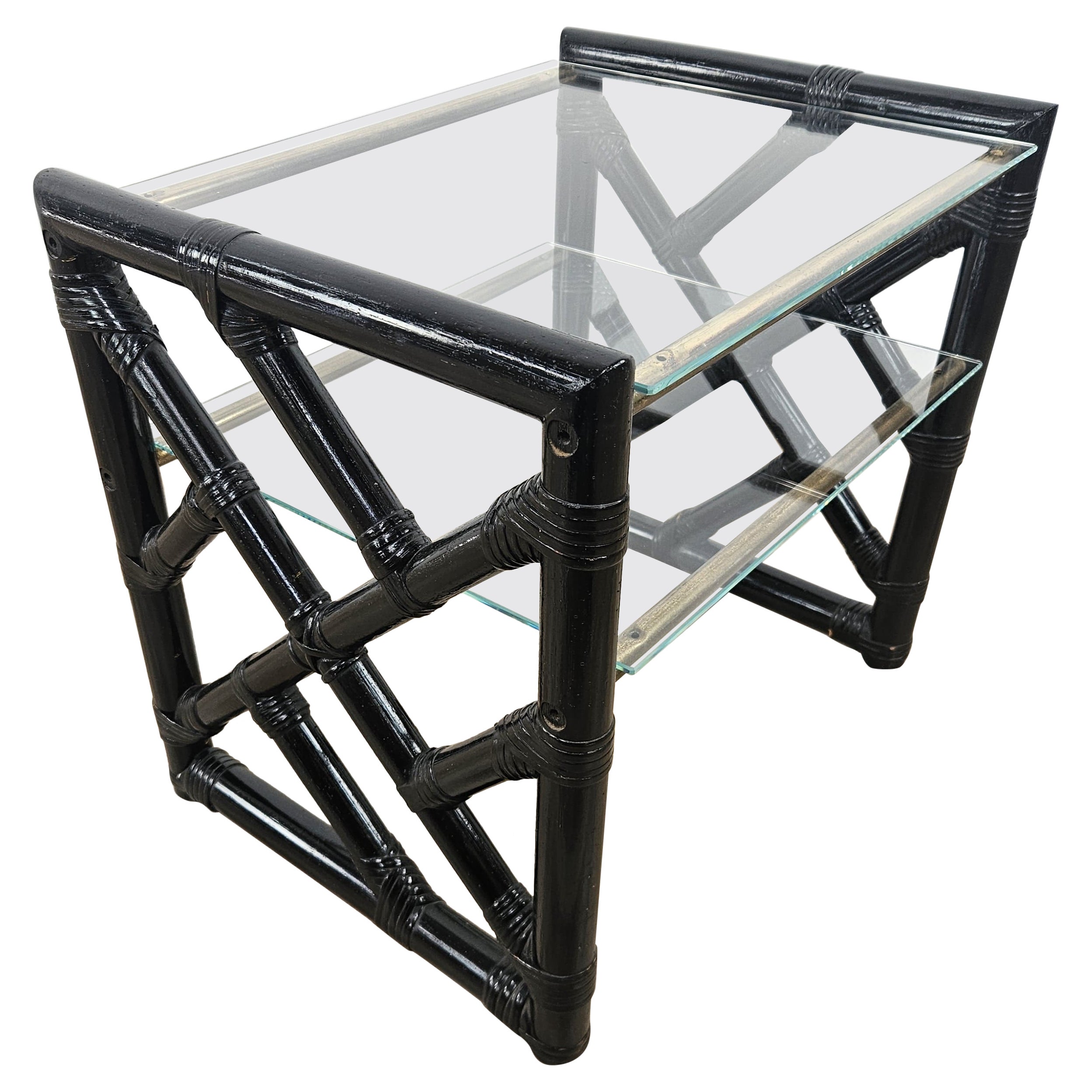 Black lacquered wicker coffee table with two glass tops, 1970s