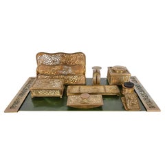 Antique Tiffany Studios New York Pine Needle Bronze Doré and Slag Glass Nine-Piece Desk