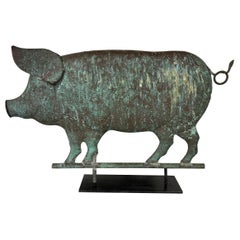 Copper Pig Weathervane Mounted on Metal Base C. 1950
