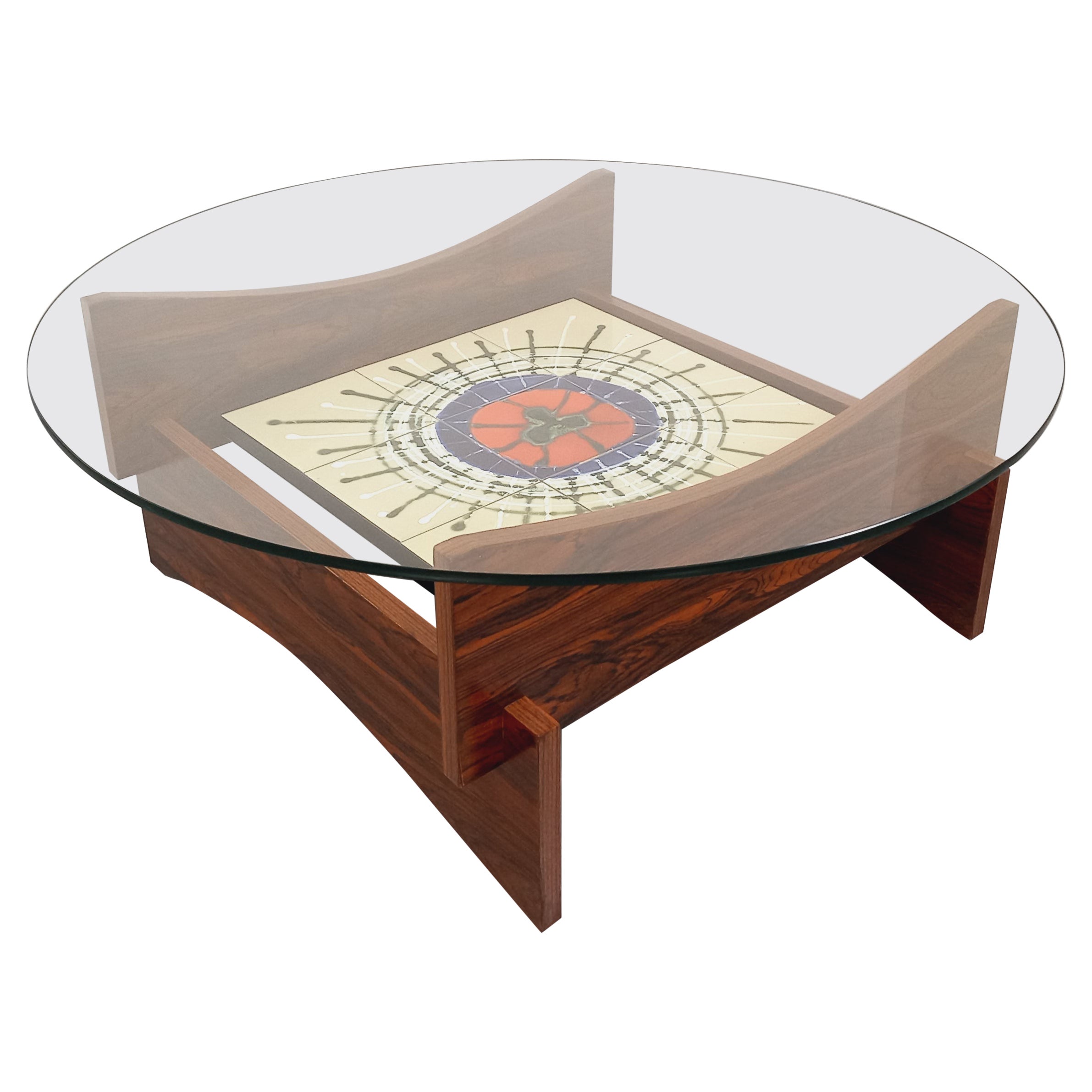 Table basse ronde 2 plateaux vintage des années 60 70 en verre, palissandre
