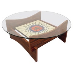 Table basse ronde 2 plateaux vintage des années 60 70 en verre, palissandre