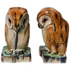 Pair of Glazed Pottery Owls Bookends