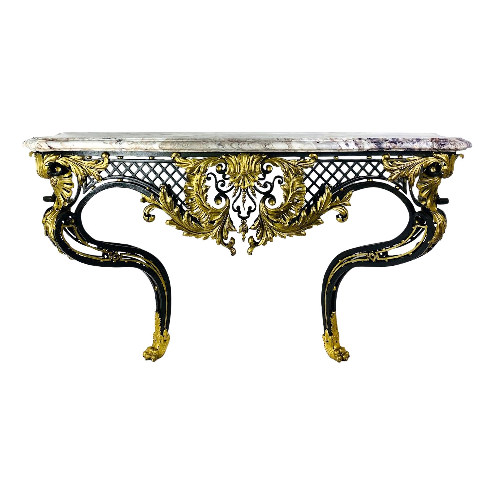A Louis XV style iron console with breccia violet top. For Sale