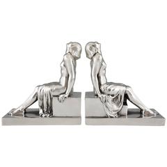 French Art Deco Silvered Bookends with Sitting Nudes by Janle, 1930