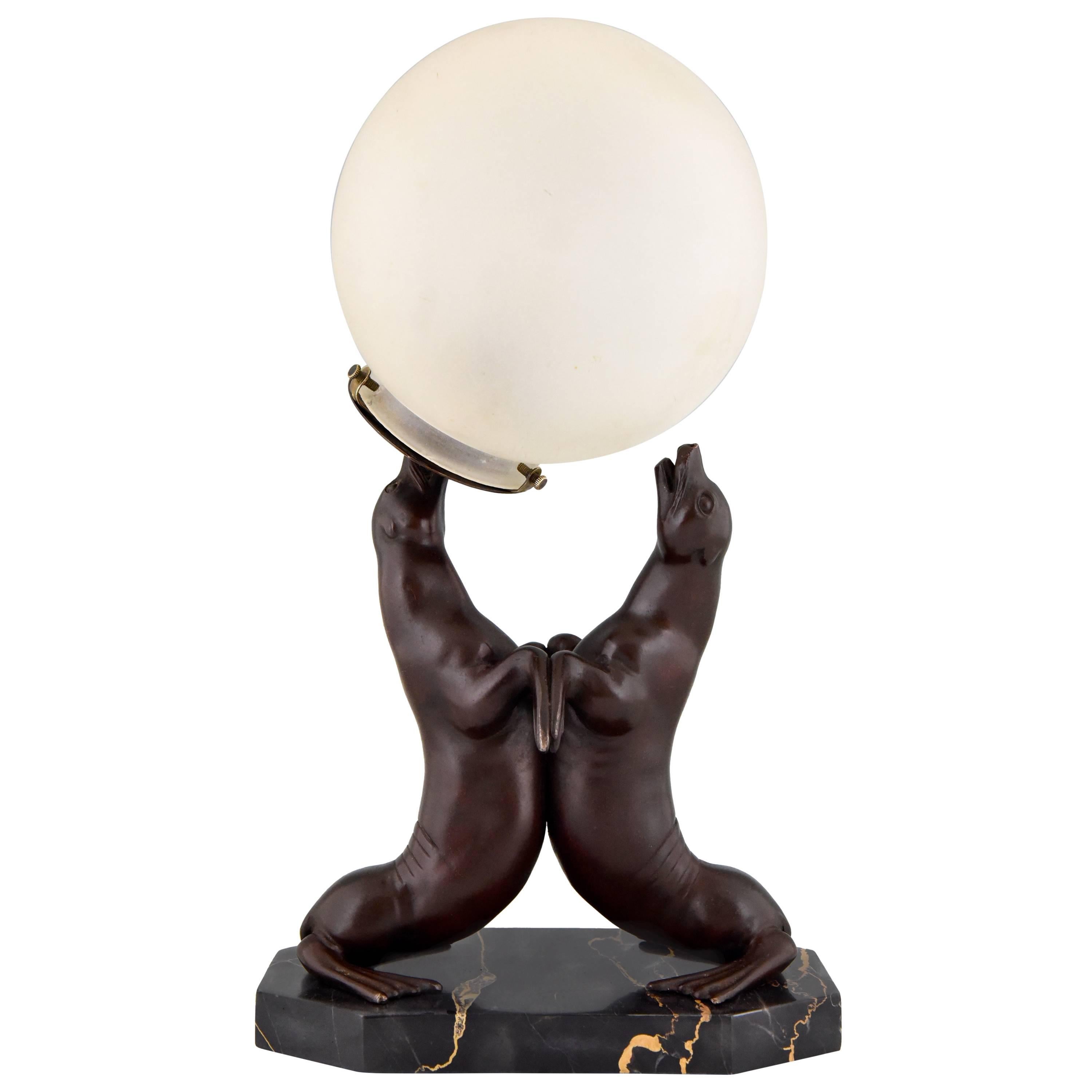 French Art Deco Seal Lamp with Glass Shade by Carvin, 1930