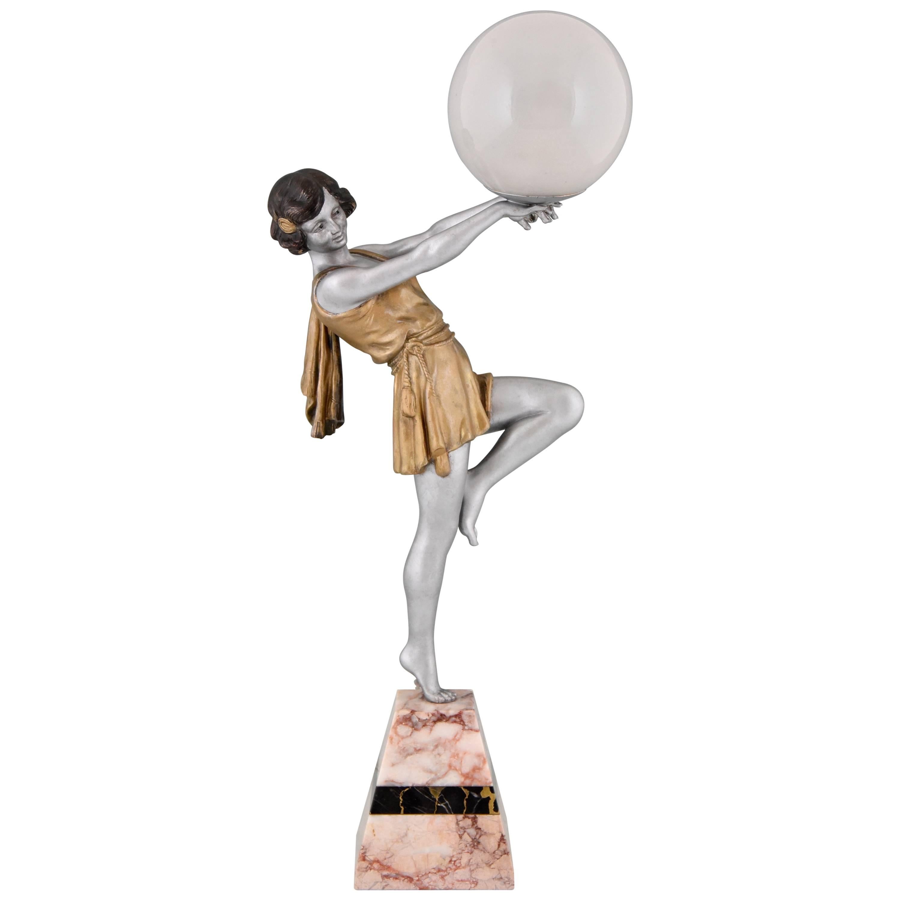 French Art Deco Lamp Lady Holding a Globe by Carlier, 1930