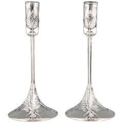 French Art Nouveau Silvered Candlesticks Felix Cheron for Gallia Christofle 1902